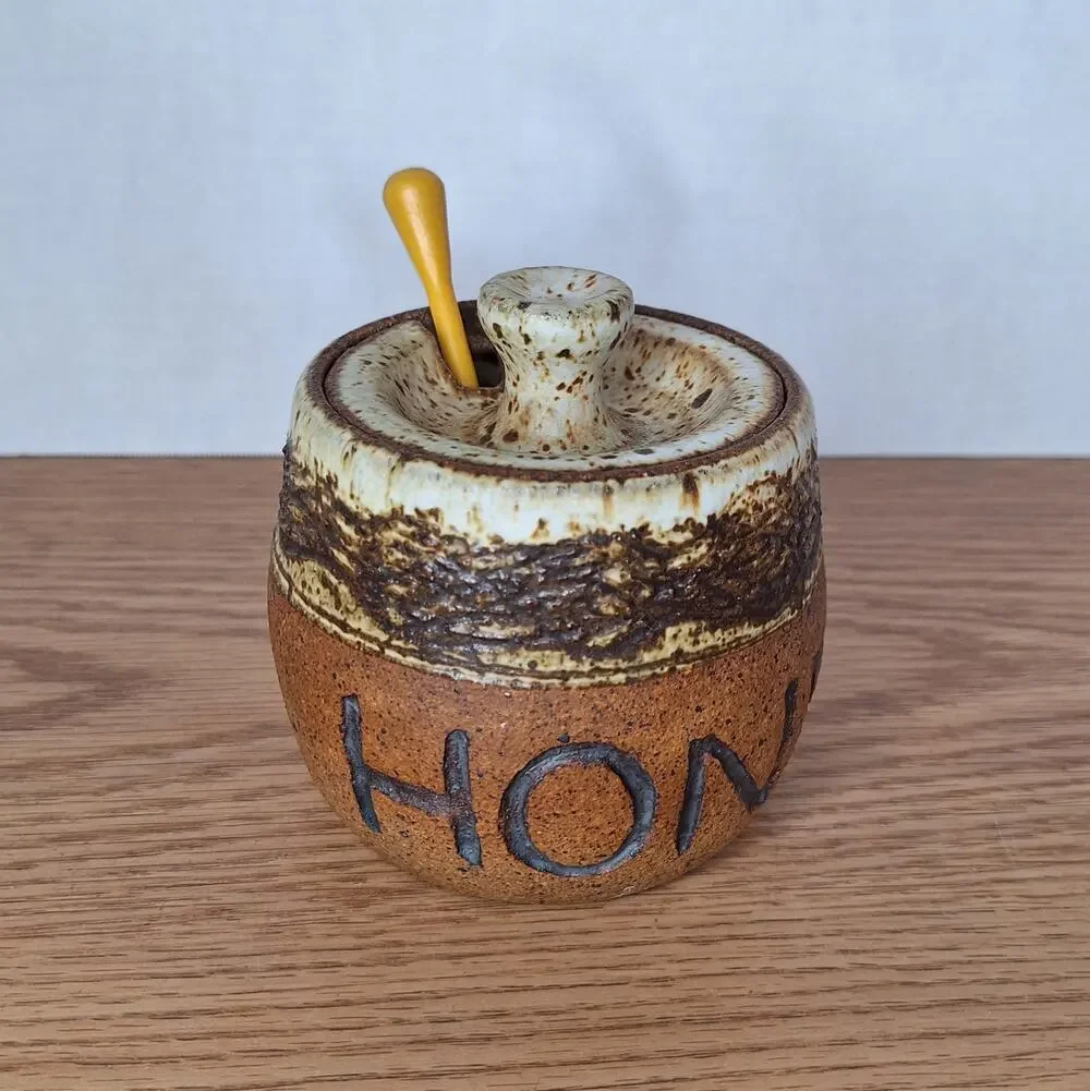 RARE VTG Michael Marsh 1980 Studio Pottery Honey Pot Jar Lid Dipper Stoneware